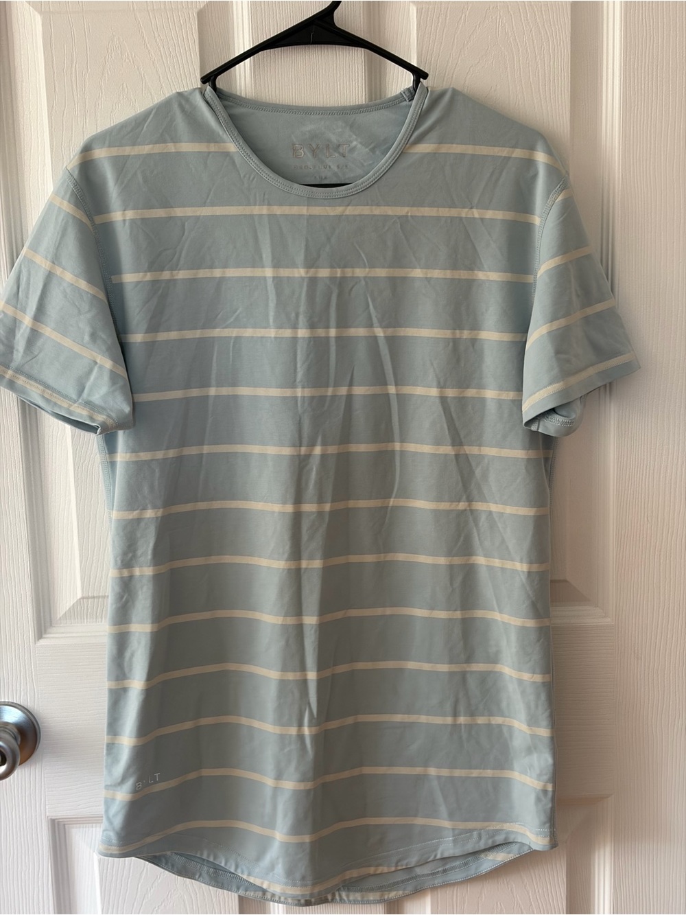 BYLT Basics Men's Lux Drop Cut Light Blue Striped Crew Neck T-Shirt